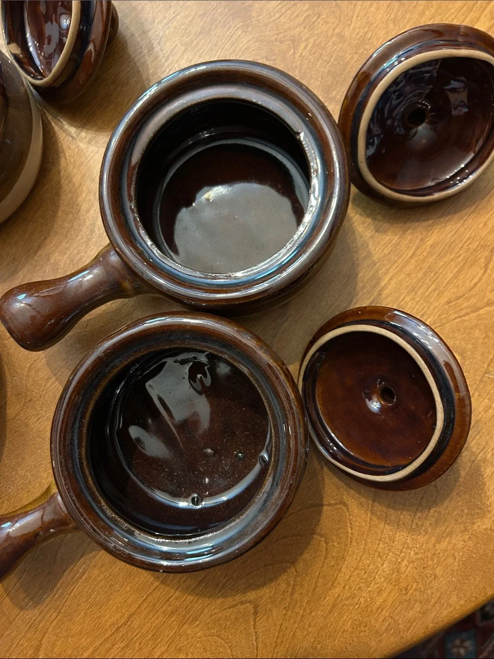 Vintage Brown Glazed Ceramic Pottery Soup Bowls with Handles and Lids - Set of 4